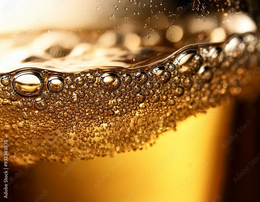A macro shot of effervescent bubbles in champagne, reflecting golden light A macro shot of effervescent bubbles in champagne, reflecting golden light