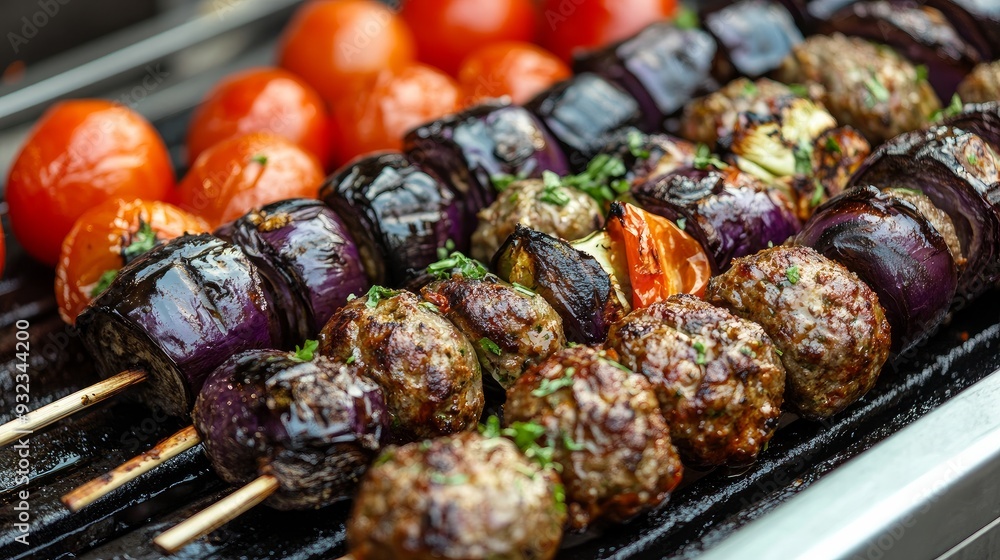 Meatballs and eggplant in a Turkish Kebab. Freshly cooked eggplant kebabs cooked over a barbecue with tomatoes. Middle Eastern cooking Meatballs and eggplant in a Turkish Kebab. Freshly cooked eggplant kebabs cooked over a barbecue with tomatoes. Middle Eastern cooking