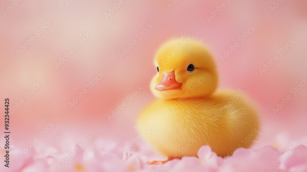 Cute yellow duckling resting among pink flower petals in springtime Cute yellow duckling resting among pink flower petals in springtime