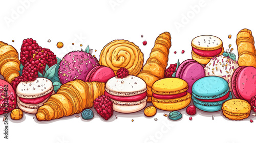 Vibrant Illustration of Assorted French Pastries Including Macarons, Croissants, and Berries on White Background