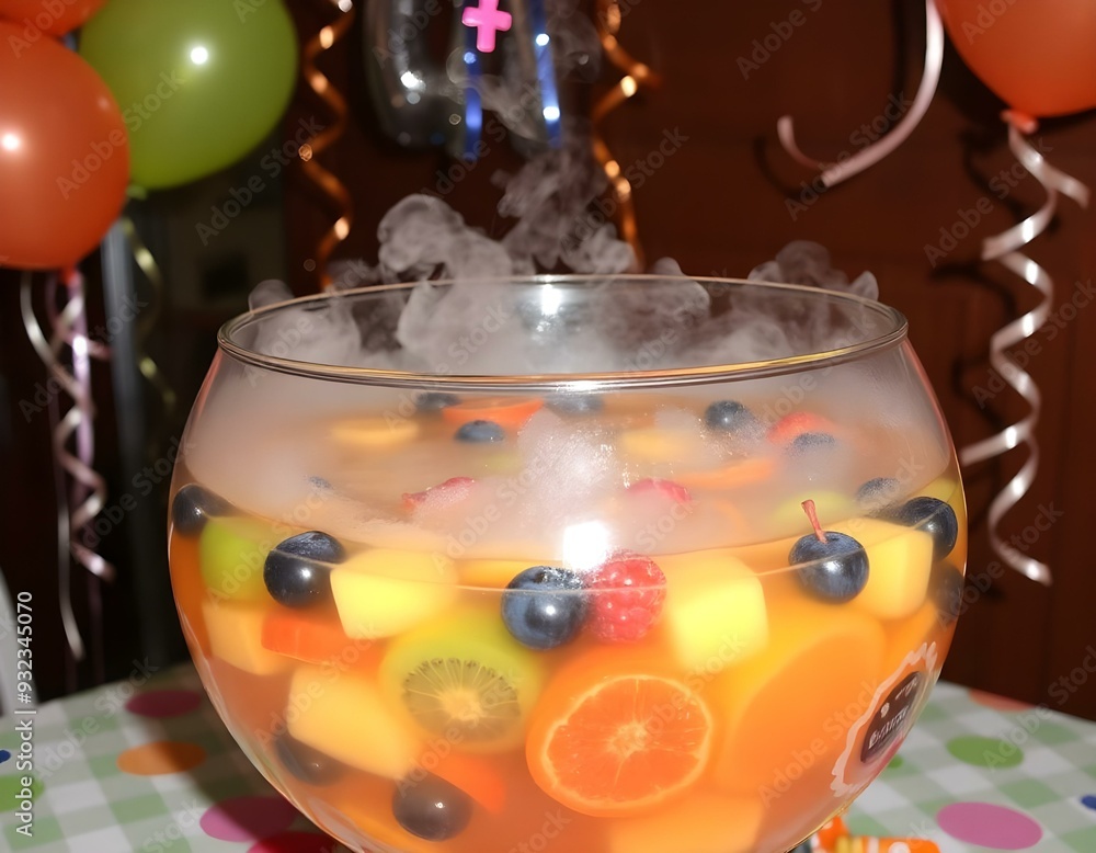 Fototapeta premium A festive punch bowl with a mixture of colorful fruits floating inside, steam rising from the surface, set on a decorated table for a party with balloons in the background create with ai
