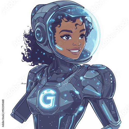 vector: A woman with a confident smile, wearing a space-themed suit with silver and blue accents