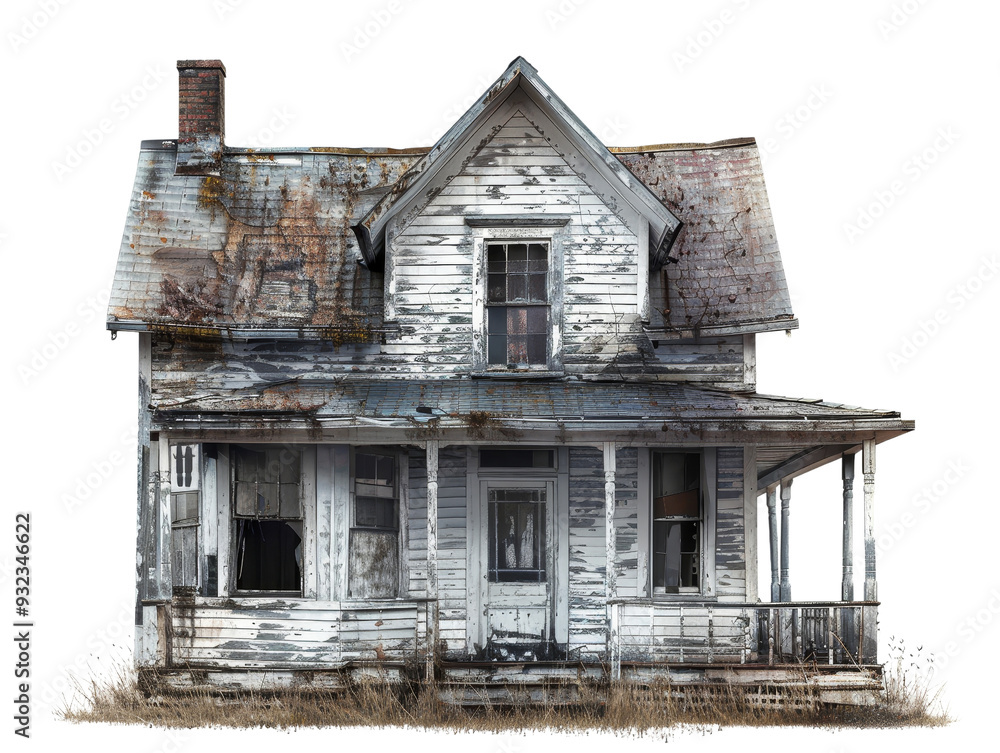 A photograph of an abandoned, weathered, and eerie white wooden house with overgrown vegetation. A photograph of an abandoned, weathered, and eerie white wooden house with overgrown vegetation.