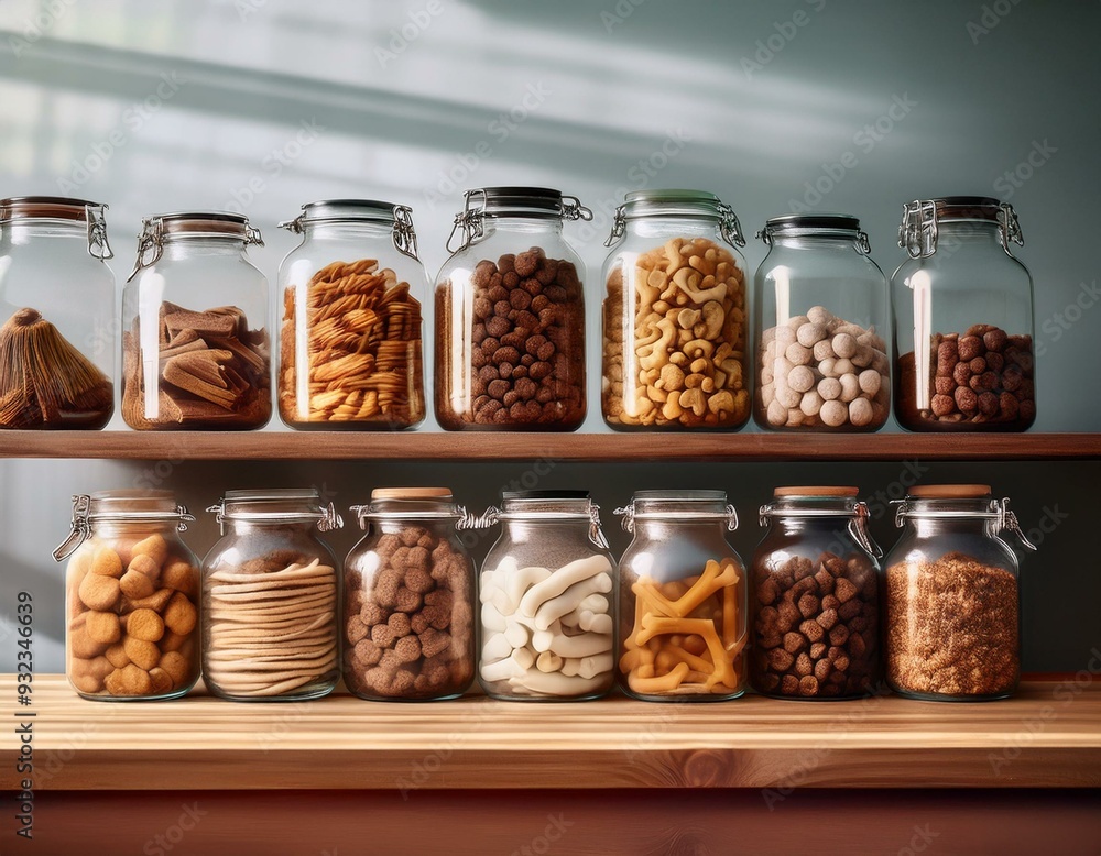 A selection of natural, organic pet treats in glass jars, displayed on a wooden counter with A selection of natural, organic pet treats in glass jars, displayed on a wooden counter with