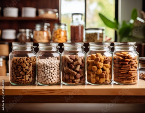 A selection of natural, organic pet treats in glass jars, displayed on a wooden counter with