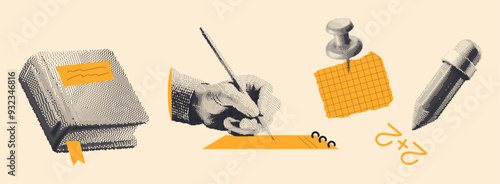 Retro pixel halftone set. Y2K photocopy effect, anti-design, mixed media collage. Grunge bitmap texture. Back to school. Includes a book, hand writing, thumbtack, and pencil.