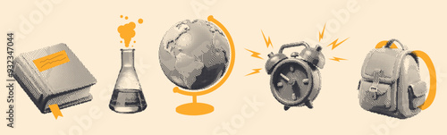 Retro pixel halftone set. Y2K photocopy effect, anti-design, mixed media collage. Grunge bitmap texture. Back to school. Faturing a book, flask, globe, alarm clock, and backpack.