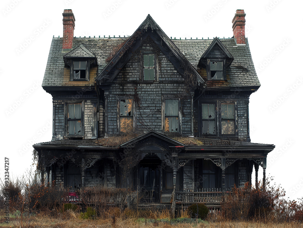 A spooky, dilapidated Victorian house with broken windows and overgrown foliage, perfect for haunted or abandoned themes. A spooky, dilapidated Victorian house with broken windows and overgrown foliage, perfect for haunted or abandoned themes.