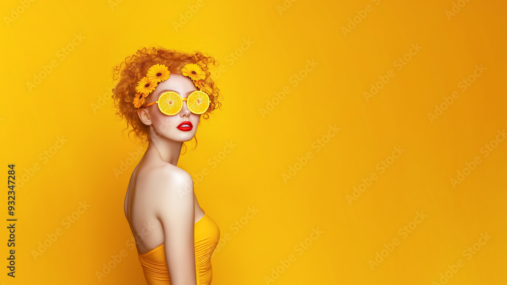 A unique and unusual minimalist portrait of a beautiful and confident girl with curly orange hair, wearing glasses made from oranges, against a monochromatic background. A unique and unusual minimalist portrait of a beautiful and confident girl with curly orange hair, wearing glasses made from oranges, against a monochromatic background.