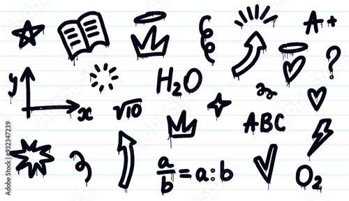 School graffiti set. Trendy Y2K urban street style on a lined notebook paper. Educational symbols. Splash effects and drops. Grunge and spray texture. Perfect for back-to-school and youth branding.