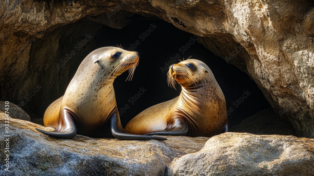 Fototapeta premium Two sea lions resting together in a cave.