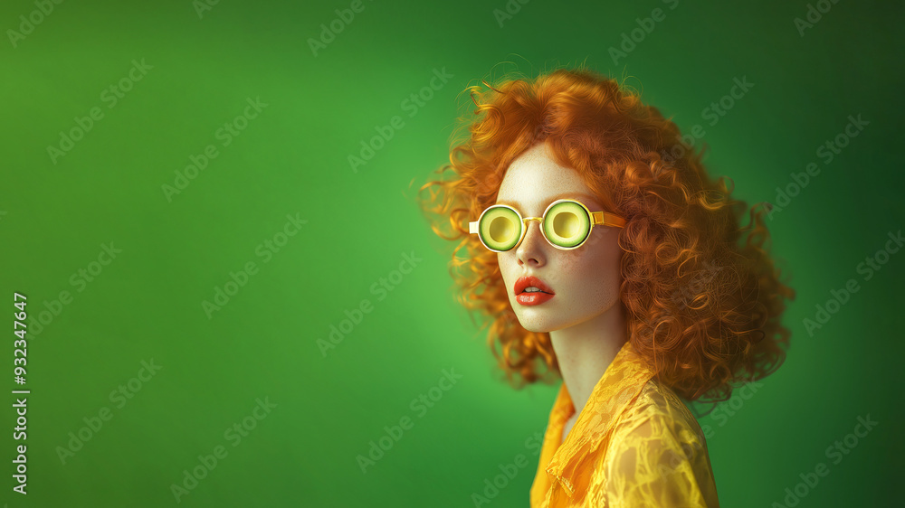 A unique and unusual minimalist portrait of a beautiful and confident girl with curly orange hair, wearing glasses made from avocados, against a monochromatic background A unique and unusual minimalist portrait of a beautiful and confident girl with curly orange hair, wearing glasses made from avocados, against a monochromatic background
