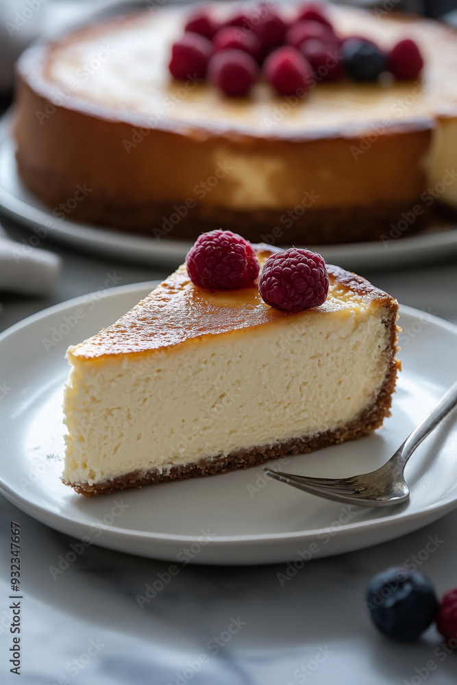 Close-up of a cheesecake slice with raspberries served on a white plate Close-up of a cheesecake slice with raspberries served on a white plate