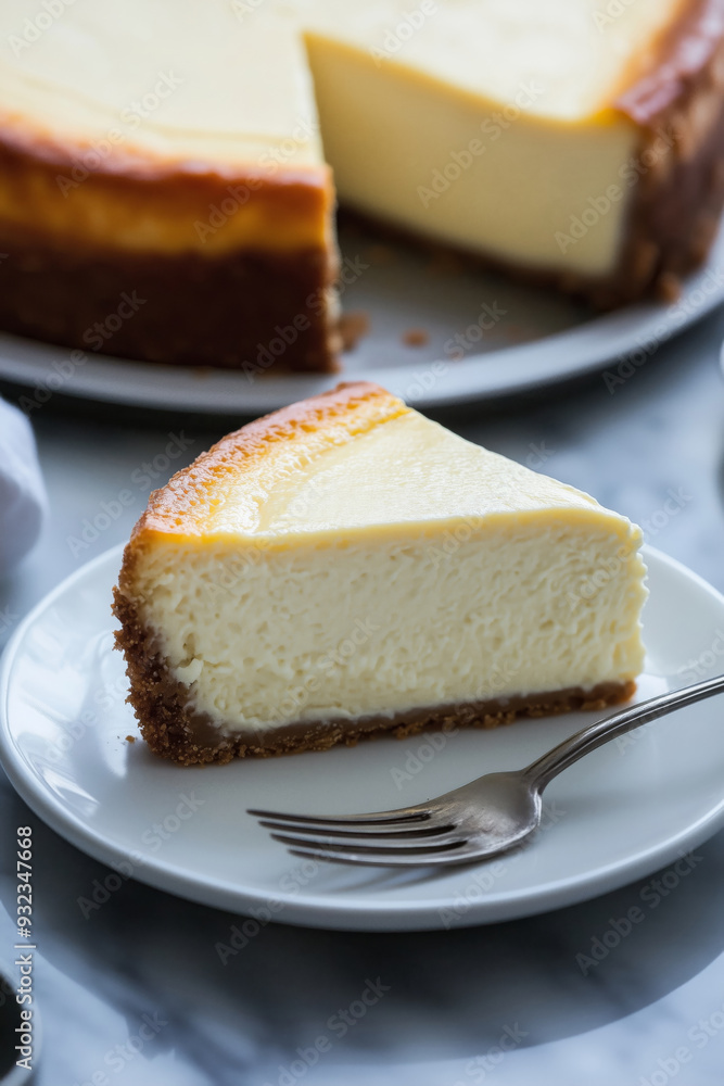 Close-up of a cheesecake slice served on a white plate Close-up of a cheesecake slice served on a white plate
