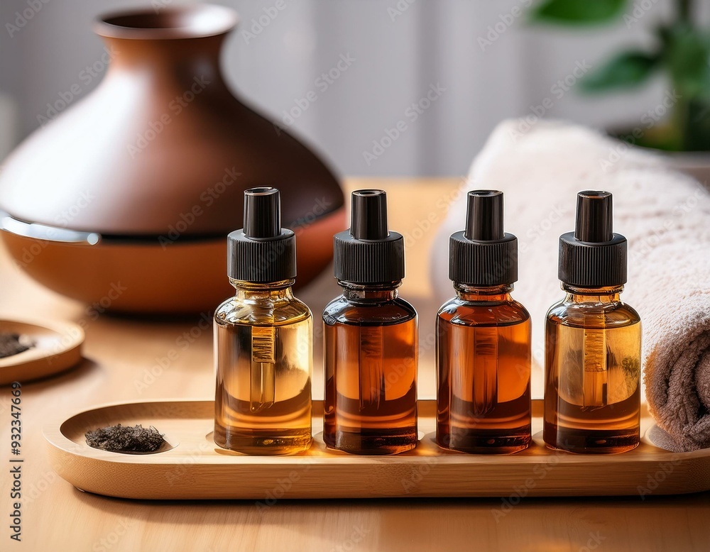 A set of essential oils arranged on a wooden tray with a diffuser in the background A set of essential oils arranged on a wooden tray with a diffuser in the background