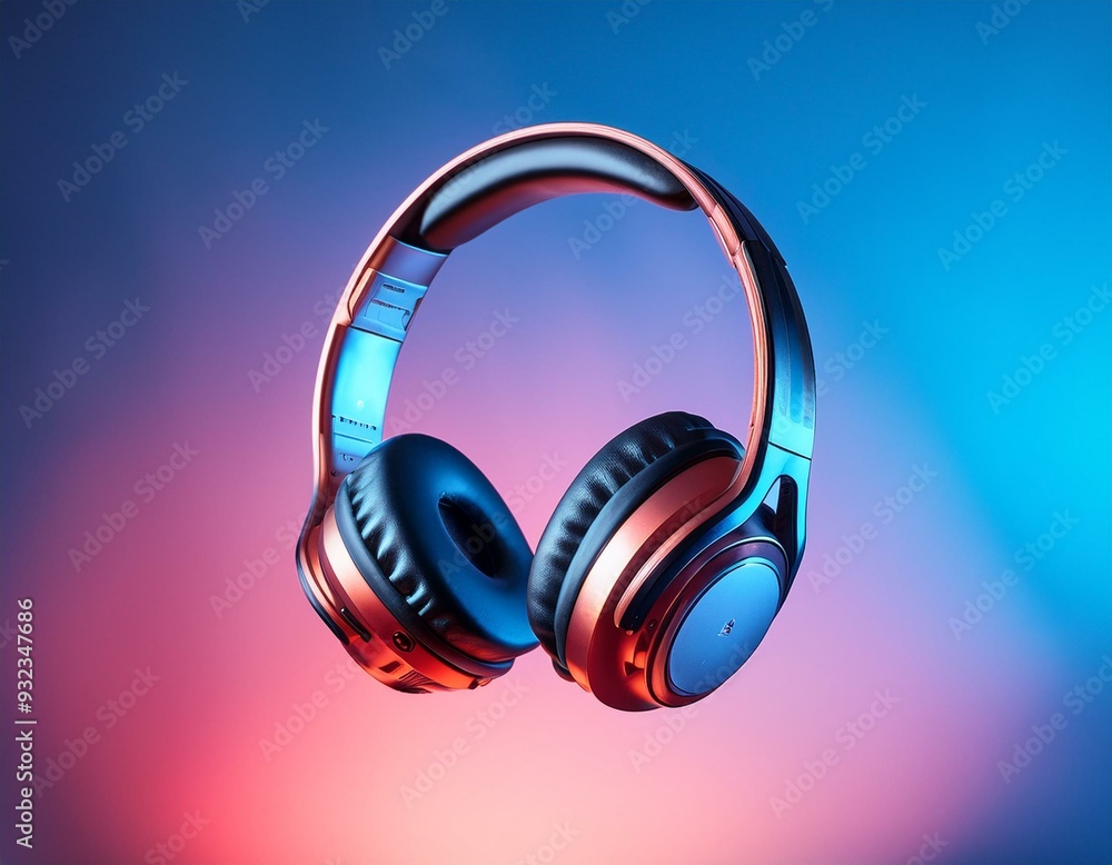 A set of modern headphones floating above a gradient background, with a subtle glow highligh A set of modern headphones floating above a gradient background, with a subtle glow highligh