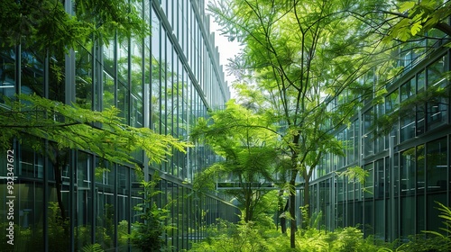 A serene green space between modern glass buildings, showcasing nature's harmony with architecture.