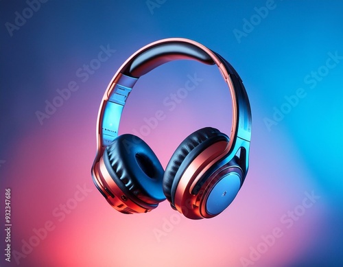 A set of modern headphones floating above a gradient background, with a subtle glow highligh photo