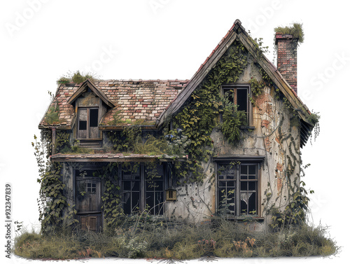 Abandoned cottage covered with vines and overgrown vegetation, showcasing a rustic, eerie atmosphere in an isolated setting.