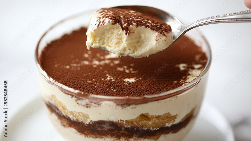 Close-up of a tiramisu dessert with a spoon of it Close-up of a tiramisu dessert with a spoon of it