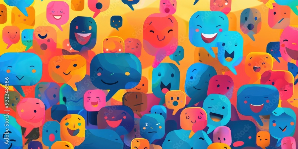 Cheerful Expressions Enveloped by Multiple Dialogue Bubbles and Writing on a Website Cheerful Expressions Enveloped by Multiple Dialogue Bubbles and Writing on a Website