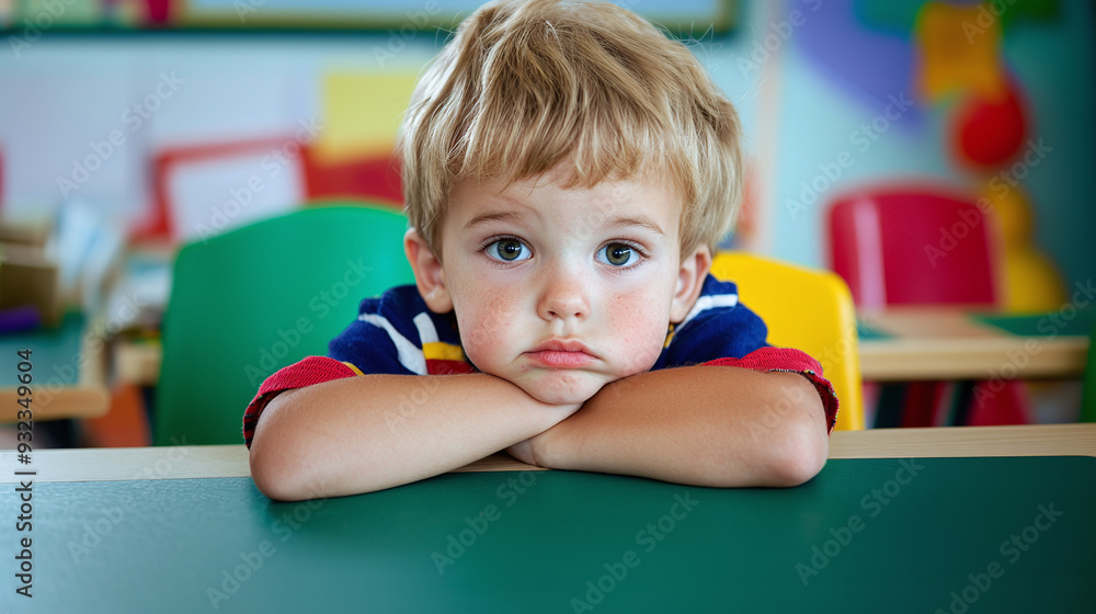 a bored and frustrated primary school student boy in a classroom a bored and frustrated primary school student boy in a classroom