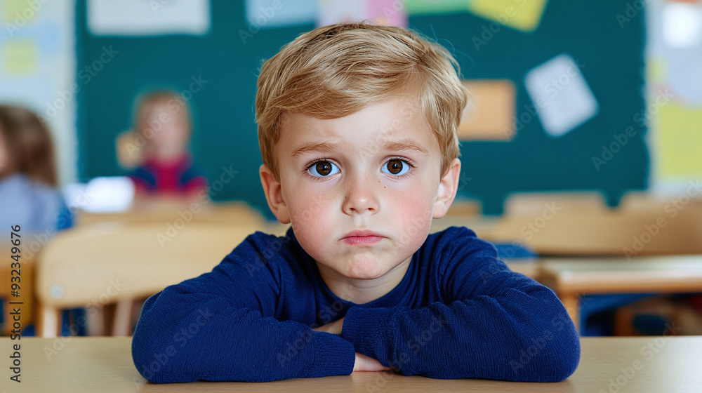 a bored and frustrated primary school student boy in a classroom a bored and frustrated primary school student boy in a classroom