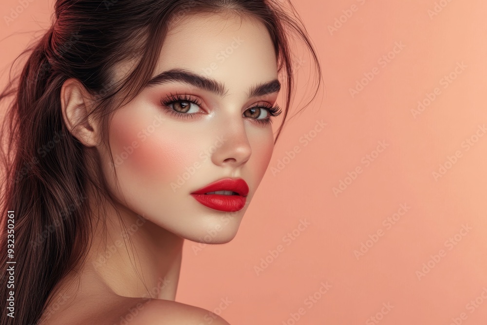 Fototapeta premium A woman with long dark brown hair styled in a low ponytail poses gracefully, highlighting her flawless skin and vibrant red lips against a soft peach backdrop