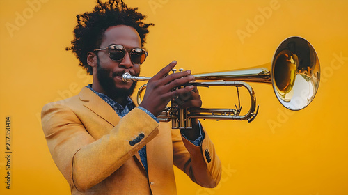 A stylish man playing the trumpet in front of a bold yellow background, showcasing modern fashion and musical expression.
 photo