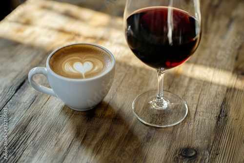 A coffee cup with latte art sits beside a glass of red wine on a beautifully textured wooden table, creating a warm and inviting atmosphere