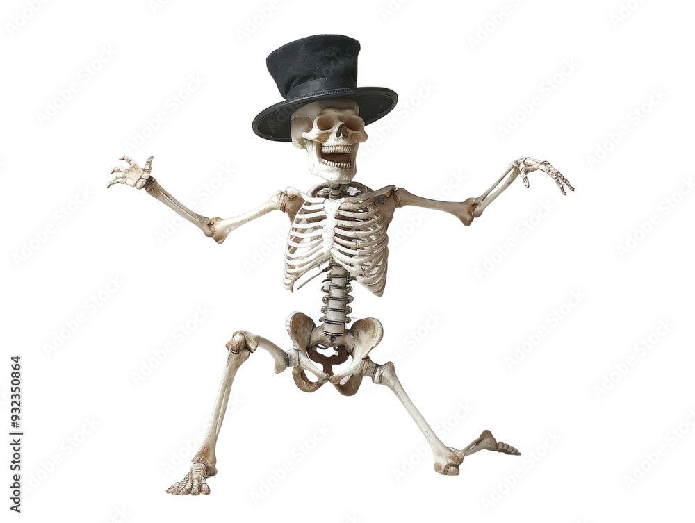 Humorous skeleton wearing a top hat posed in a quirky stance. Perfect for Halloween, spooky themes, or playful designs. Humorous skeleton wearing a top hat posed in a quirky stance. Perfect for Halloween, spooky themes, or playful designs.