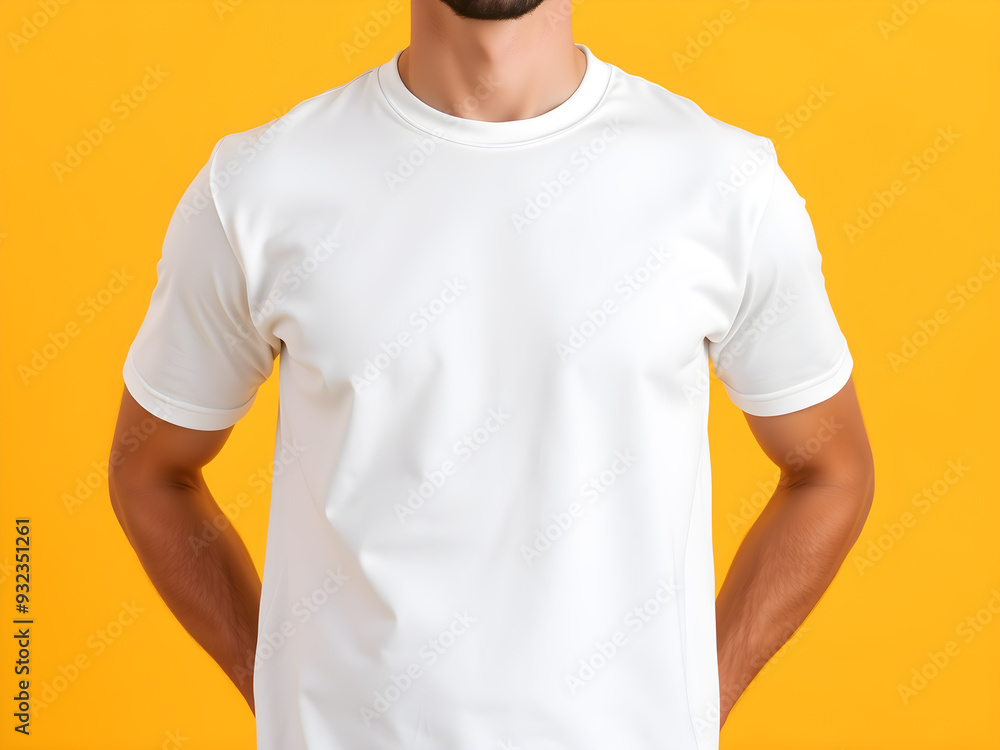 Man wearing bella canvas white tshirt mockup on yellow background Generative AI Man wearing bella canvas white tshirt mockup on yellow background Generative AI