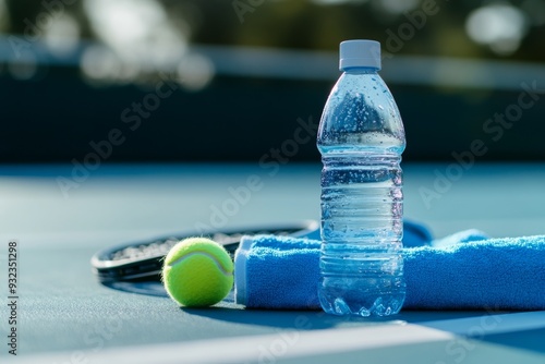 A sports water bottle and towel rest on the tennis court surrounded by a racket and a bright green tennis ball, ready for an afternoon match photo