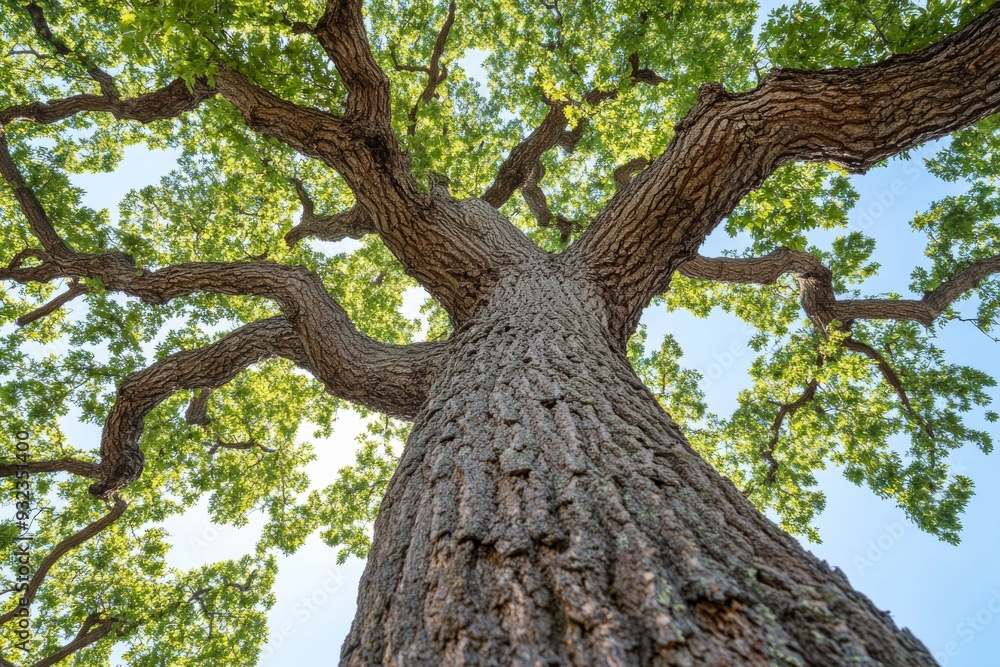 A tall oak tree stands proudly, showcasing its rugged texture and vibrant foliage under a clear sky filled with sunlight A tall oak tree stands proudly, showcasing its rugged texture and vibrant foliage under a clear sky filled with sunlight