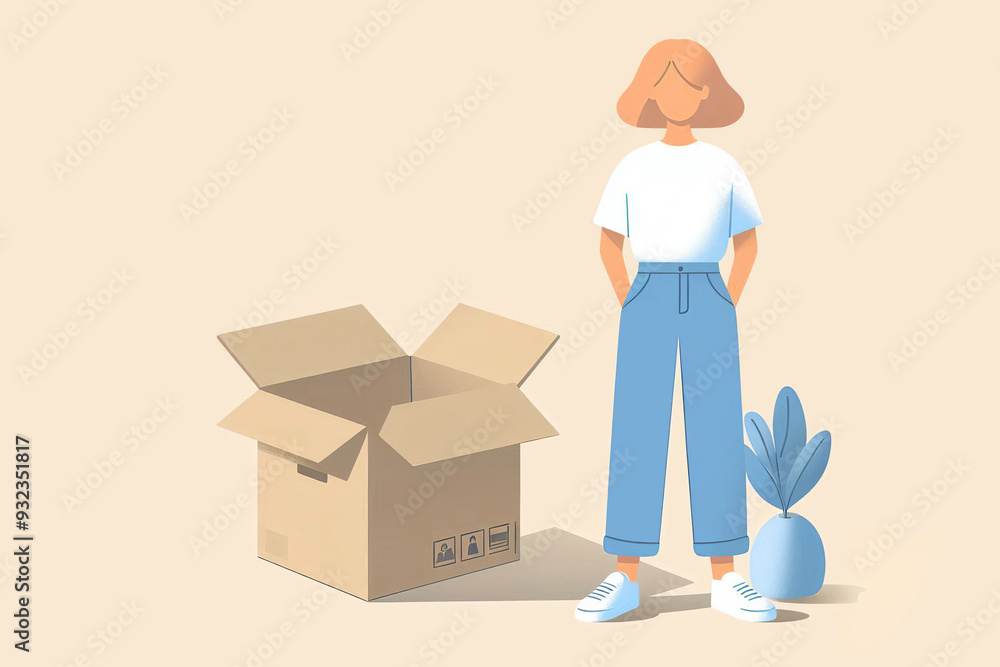 Illustration of person standing beside open cardboard box. Plain background in soft beige tones. Perfect for delivery pack service, packaging, and logistics themes Illustration of person standing beside open cardboard box. Plain background in soft beige tones. Perfect for delivery pack service, packaging, and logistics themes