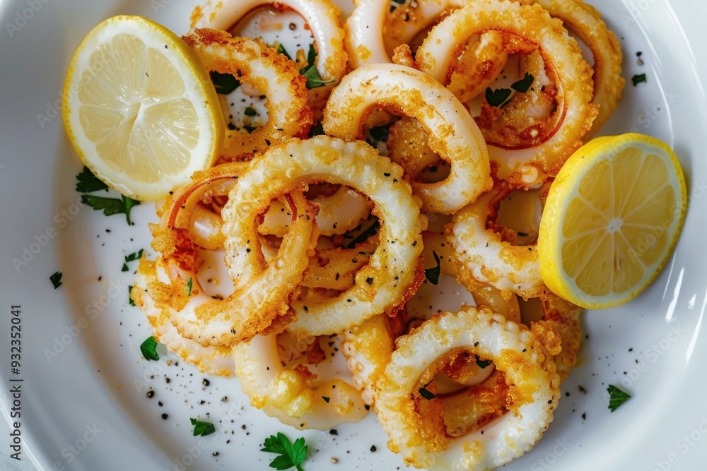 A white plate featuring crispy onion rings served with fresh lemon wedges A white plate featuring crispy onion rings served with fresh lemon wedges