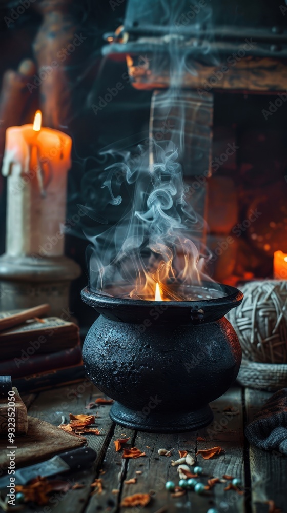 A witch brews a glowing potion in her cauldron, surrounded by candles and mystical herbs on a wooden table A witch brews a glowing potion in her cauldron, surrounded by candles and mystical herbs on a wooden table