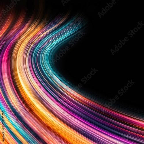 Neon curves in various colors on black background. Energetic spectrum wave, dynamic and fluid design for backgrounds, presentations, or web design, eye-catching digital compositions photo