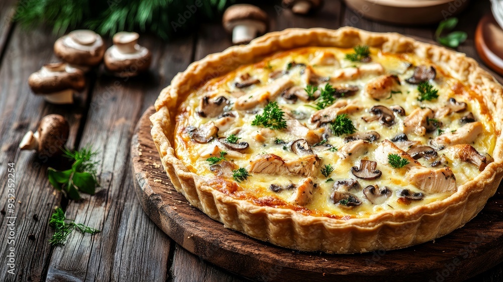 French quiche with mushrooms and chicken against a wooden backdrop French quiche with mushrooms and chicken against a wooden backdrop
