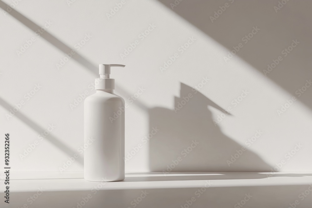 A stylish pump bottle mockup stands against a neutral backdrop, showcasing its clean lines and minimalist aesthetics enhanced by soft natural light A stylish pump bottle mockup stands against a neutral backdrop, showcasing its clean lines and minimalist aesthetics enhanced by soft natural light