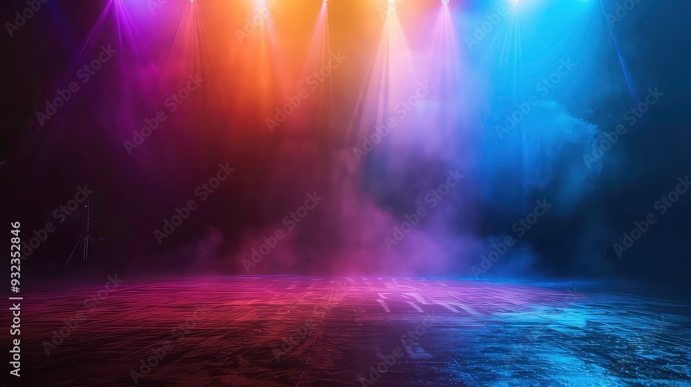 A dark room with a textured floor illuminated by colored spotlights. The floor is covered in a thin layer of smoke that is being illuminated by the lights, making it look like a wavy surface. A dark room with a textured floor illuminated by colored spotlights. The floor is covered in a thin layer of smoke that is being illuminated by the lights, making it look like a wavy surface.