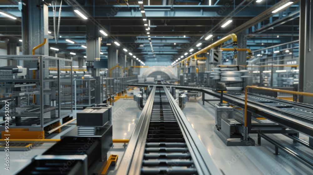 A busy industrial factory with a conveyor belt in the middle, conveying products or materials A busy industrial factory with a conveyor belt in the middle, conveying products or materials