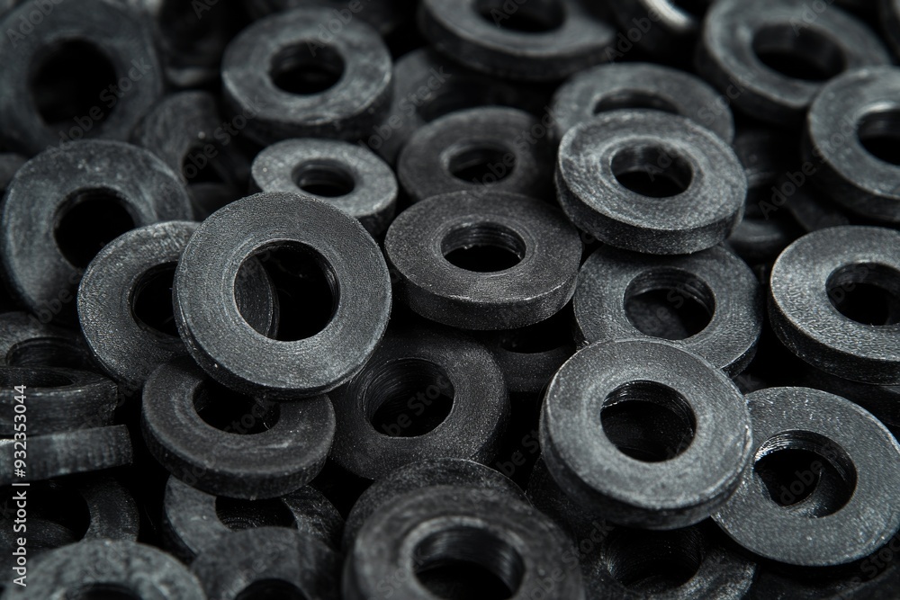 A topdown view reveals a pile of high-quality black rubber gaskets arranged to highlight their precise shapes and craftsmanship, emphasizing their commercial use A topdown view reveals a pile of high-quality black rubber gaskets arranged to highlight their precise shapes and craftsmanship, emphasizing their commercial use