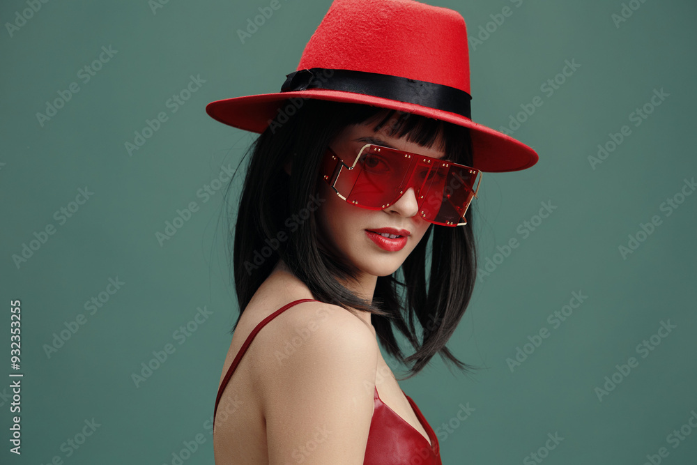 Φωτογραφία Beautiful asian woman wearing a red hat and sunglasses stands against a vibrant