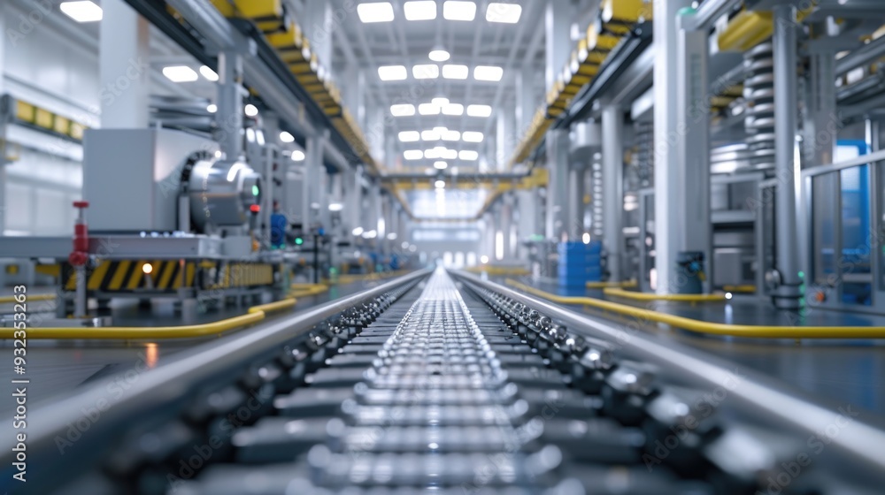 A conveyor belt in a busy industrial setting with various machinery and equipment A conveyor belt in a busy industrial setting with various machinery and equipment