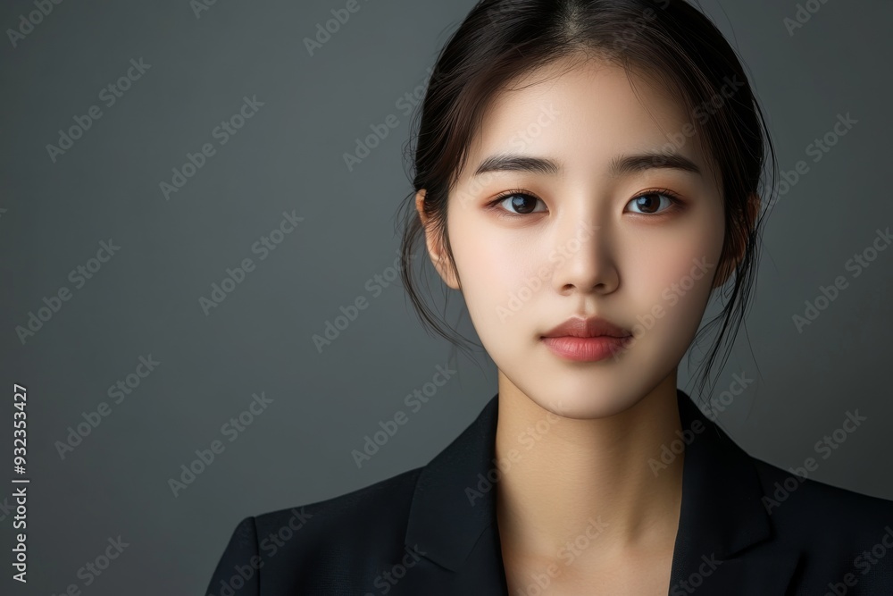 A young woman of Korean descent poses with a neutral expression, ready for her biometric passport photo against a gray backdrop A young woman of Korean descent poses with a neutral expression, ready for her biometric passport photo against a gray backdrop