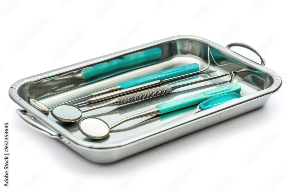 A metal tray containing various dental tools for oral hygiene and dental care, perfect for illustrations and educational purposes A metal tray containing various dental tools for oral hygiene and dental care, perfect for illustrations and educational purposes
