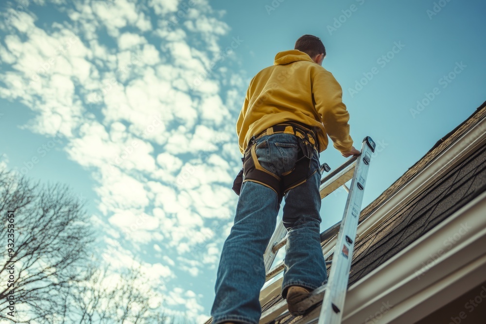 An individual in casual attire ascends a ladder, striving to reach the roof under a bright sky filled with clouds An individual in casual attire ascends a ladder, striving to reach the roof under a bright sky filled with clouds
