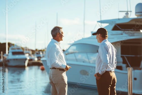 Two men engage in a detailed conversation about insurance while standing by the marina, surrounded by yachts and boats in clear weather