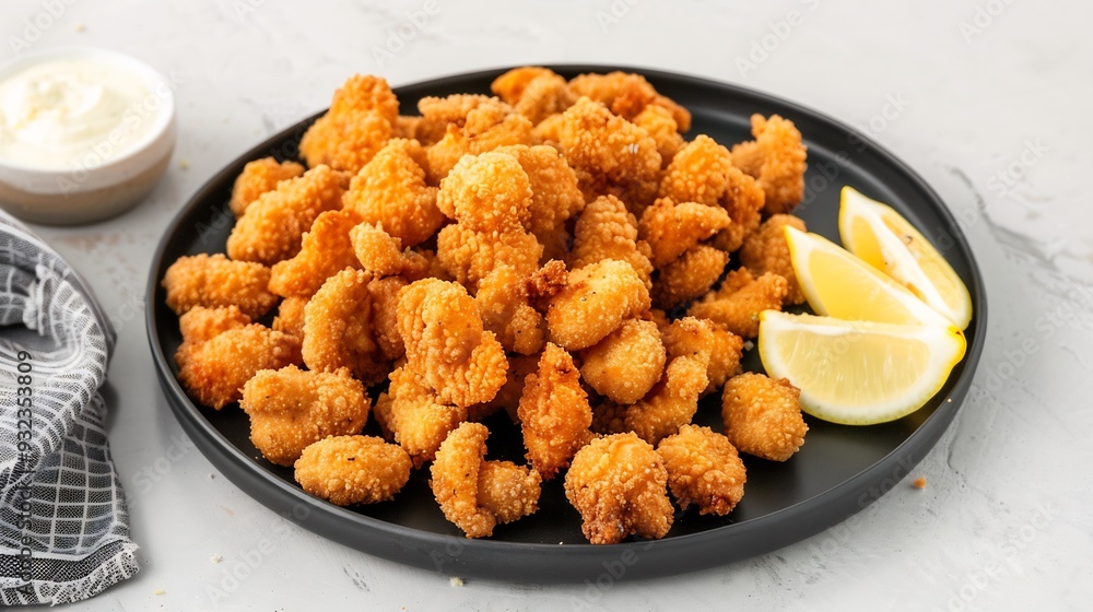 Plate of golden fried kalamar tava served with a side of garlic yogurt and fresh lemon wedges Plate of golden fried kalamar tava served with a side of garlic yogurt and fresh lemon wedges